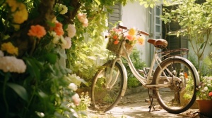 自行车停在房子外面，菜园，环境优美