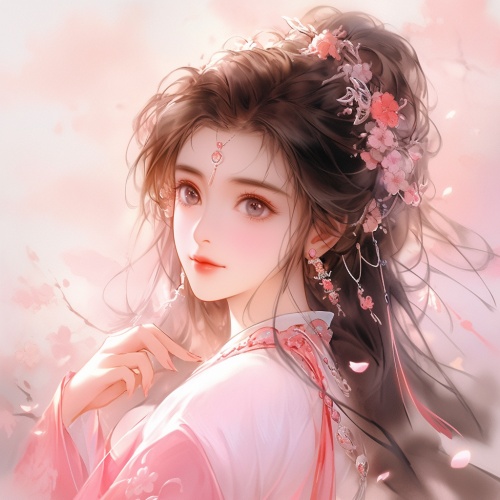 穿着粉白色汉服的中国女孩，温柔的笑着，墨色长发，背景是五彩斑斓的天空，细节多，精美妆容，精美发饰，仙侠风，古风，氛围感，色彩感，超高清