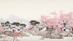 中国乡村风格的白色建筑与粉色花朵