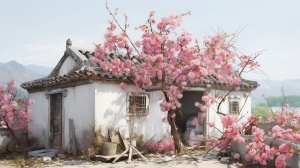 中国乡村风格的白色建筑与粉色花朵