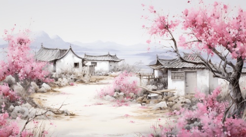 一座白色的建筑，前面有粉红色的花朵，具有中国乡村的风格，乡村生活描绘