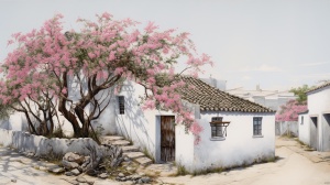 一座白色的建筑，前面有粉红色的花朵，具有中国乡村的风格，乡村生活描绘
