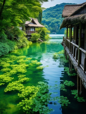 Captivating sight of an emerald green oasis with a thatched cottage