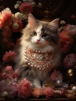 珍珠项链的布偶猫在花丛中优雅蹲着
