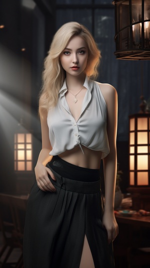 Photorealistic Blonde Asian Woman in Stylish Living Room