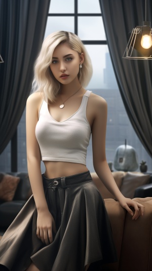 beautiful blonde Asian woman wearing a skirt and vest in living room, in the style of black and gray, xiaofei yue, imitated material, warmcore, rounded, dark silver and dark gray, grid, soft light, 8k, octane render, cinematic, hyper detailed, ultra photorealistic, hyper-realistic