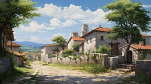 一幅有趣的街景画，背景是一些小建筑，中国乡村，地中海风景，郁郁葱葱的风景，宁静与和谐，