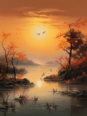 根据诗句“落霞与孤鹜齐飞，秋水共长天一色”画一幅壁纸图