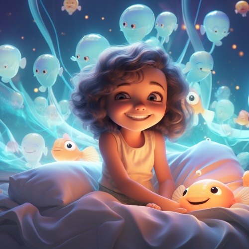 A cute little girl lying in bed dreaming, beautiful big eyes, fantasy creature, jellyfish floating,dreamy bedroom, soft bed, bright colors, happy, laughing, Disney pixar3D style, detailed illustration, hd, digita art, complementing colors, trending on artstation, Cinematic Lightingar 3:4 niji 5