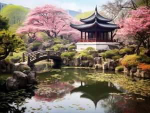 古代，中国农村，亭台六七座，是凉亭，不是屋子四周长满了鲜花。