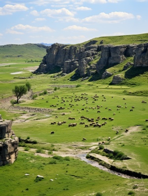陕北黄土高原，有窑洞，一对青年男女秀恩爱，山坡上有羊群。