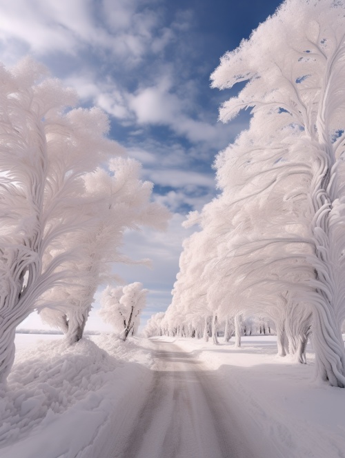 https:s.mj.runAathbPtujaM the snow covered road is filled with white trees, in the style of surrealistic dream-like imagery, photo-realistic techniques, rollerwave, precisionist lines, impressive skies, i can't believe how beautiful this is, swirling vortexes ar 9:16 v 5.2