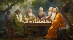 古代，古风，七位白胡子老者穿着汉服在一起说笑，喝酒，聊天，下棋。青绿山水作为背景。