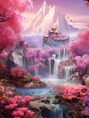 粉色梦幻花园，人间仙境，湖水，高山流水