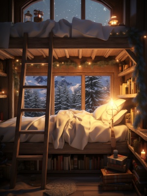 一个双层床，白色为主，窗外下着大雪，蜡烛，温暖