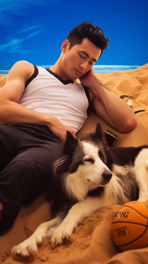 一个黑发的中国男人，只穿了一条泳裤，八块腹肌，抱着一只边境牧羊犬，在海滩边睡觉，金色的沙滩，蔚蓝的海水，