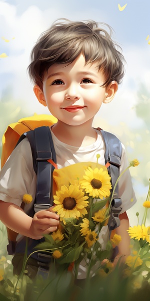 阳光帅气小男孩在田园风背景下的高清画作
