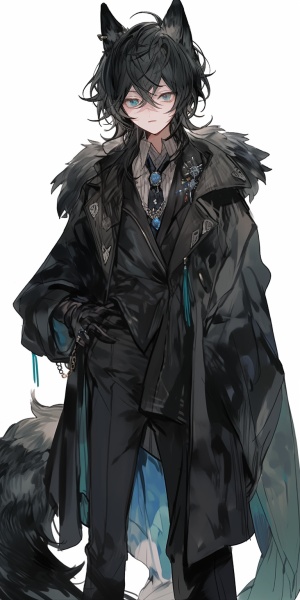 Boy, teenager, black wolf tail hairstyle, blue eyes.Shirt, coat, medieval, trousers, boots, decorated with feathers, painting style is clear.