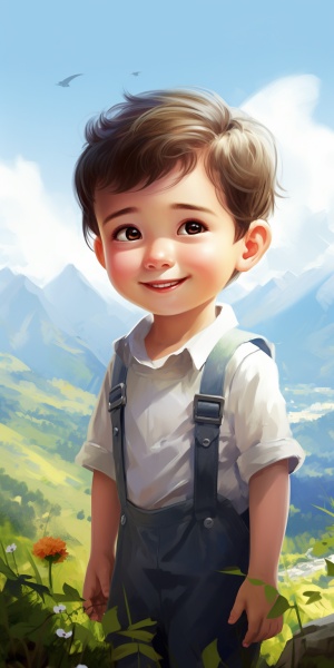 画一个阳光帅气的小男孩，活泼可爱，聪明伶俐，背景是田园风，要写实，高清的，谢谢