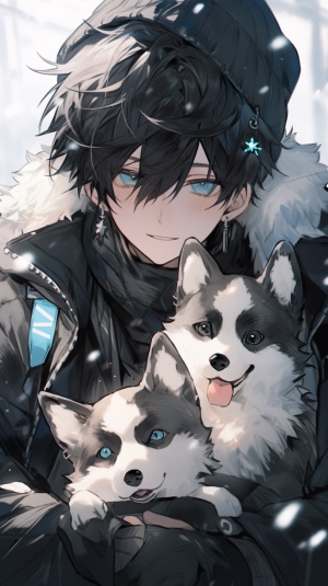 A Beautiful Nightcore Scene: Man in Black with a Border Collie in Snow