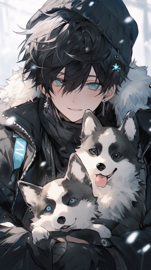 a man in black holding a border collie surrounded by snow on a table, in the style of nightcore, silver and azure, light azure and azure, i can't believe how beautiful this is