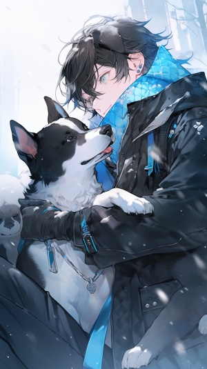A Beautiful Nightcore Scene: Man in Black with a Border Collie in Snow
