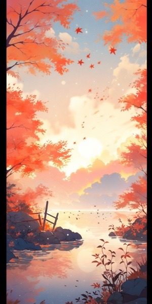 根据诗句“落霞与孤鹜齐飞，秋水共长天一色”画一幅插画，中国风