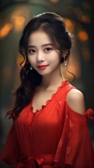 中国少女穿红连衣裙，笑容甜美，8K超真实摄影作品