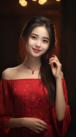 中国少女穿红连衣裙，笑容甜美，8K超真实摄影作品
