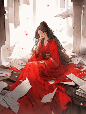 中国古代红衣女子闭眼抱画卷，身边飘落白纸