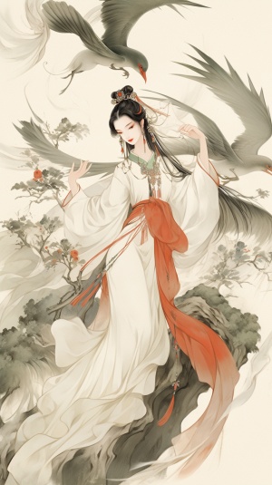 Chinese Girl in Traditional Ink Painting Style