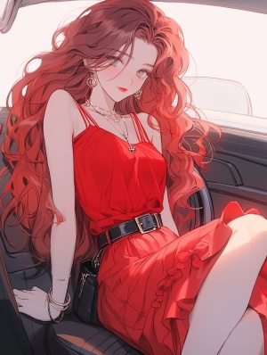 红色长发美女坐在敞篷车里