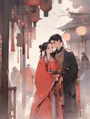 中国汉服情侣在中国古代街头的混合油画