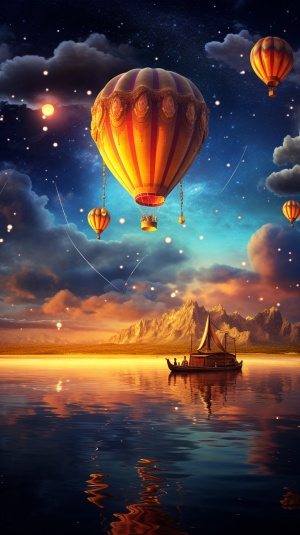 热气球日落星空海边超现实