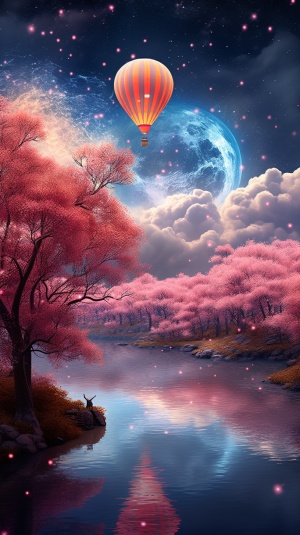 雪樱花湖星空月亮热气球梦幻高清