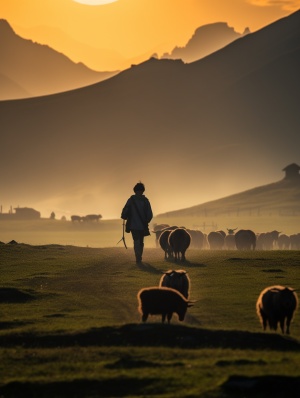 清晨时分，西藏高原在初升的阳光照射下，羊群和牧民有着长长的影子，他们还沉浸在幸福欢乐中。