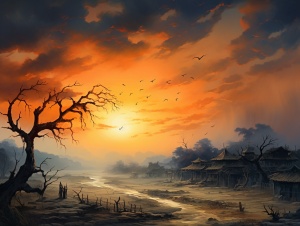 孤村落日残霞，轻烟老树寒鸦，根据这二句诗的意境，画一幅中国风风景画。