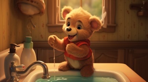 2.小熊宝宝正在洗手台前洗手，温水流淌出来。