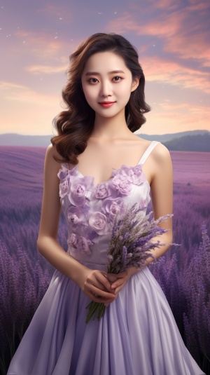 正面照，一个中国少女，真人，面带微笑，长相很甜美，穿着一件连衣裙，淡紫色连衣裙，全身照，8k画质，超逼真，大师级摄影