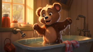 小熊宝宝洗手台前温水流淌