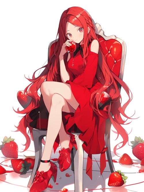 红色长发美女，红裙子，红色高跟鞋，坐在椅子上吃红色草莓，半身