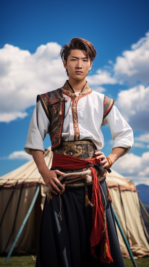 一个穿着藏族服装特色的、中国20岁年轻男子、真人，五官端正帅气、全身照，！！！站在草原的蒙古包面前，美丽的蓝天白云，8K画质，摄影师顶级作品，超高清。