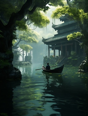 银豪安丹坐船截图1、以印象派园林风格，暗碧绿，建筑别致，自然风光，中国田园，通道，海朋克