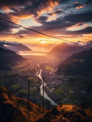 大面积纵深感极强的天空，大范围麟片状云，一抹金色夕阳，瑞士，逆光，穿透云层的照射在山底的强烈金色光射线，强烈的刺透光线，崇山峻岭，山底的瑞士小镇，水渠，透亮，山顶拍摄视角