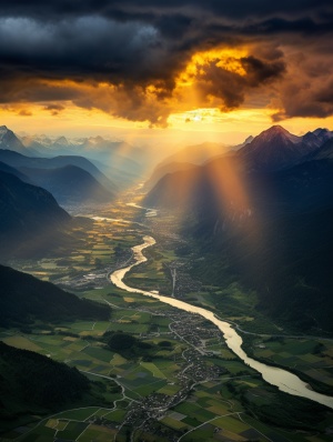 瑞士山顶夕阳逆光照射山底金色光线