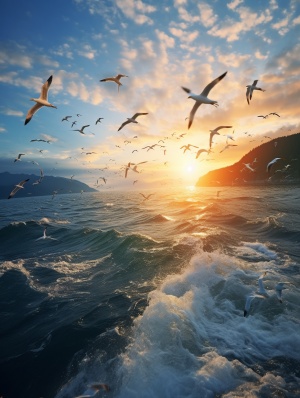 一群海鸥在阳光下飞越海洋的图像，采用网络摄像头摄影风格，逼真的场景，情感和戏剧性的场景,高清画质 v 5.1