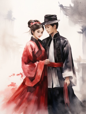 一对情侣，中国汉服，女孩穿着红色头饰简单，男孩穿着黑色他们的眼睛闪烁着美丽，他们并肩而立，一种热烈而深情的气氛，中国水墨画，混合油画，背景是一个中国古代街头的场景，8k-ar 3:4-ni ji 5
