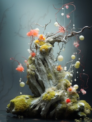 一棵中国树和一些长满苔藓的岩石上的苔藓，以淡黄色和浅海蓝宝石的风格，水滴 彩色排列 光击，花朋克