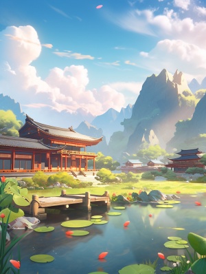 中国田园风的超高清插画: 村庄、池塘与远山