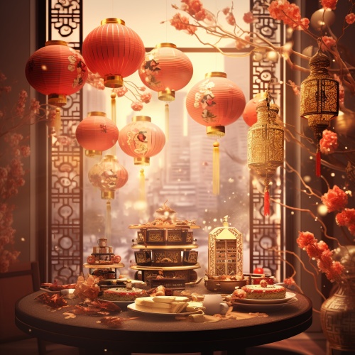 新年，气氛感强，暖色调，写实感强，主色为红，黄，有中国元素。